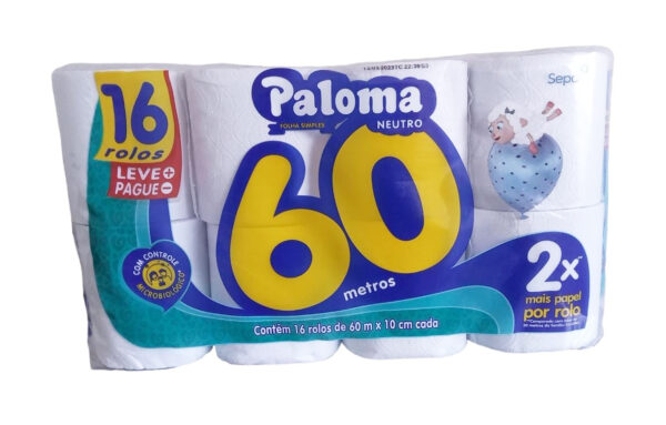 Papel Higienico 60m Paloma, Folhas Simples 16 Rolos